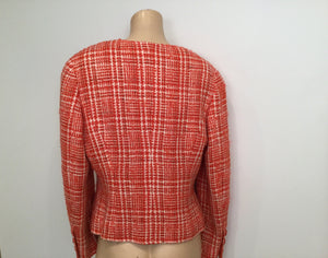 97P, 1997 Spring Chanel Vintage Orange Plaid Tweed Blazer Dress Jacket US 10