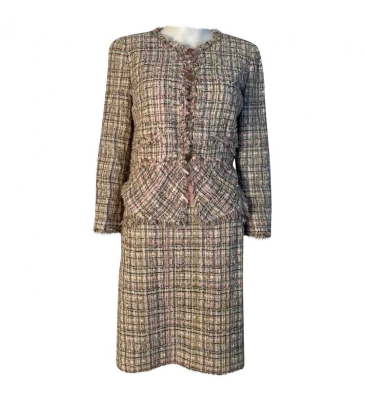 Chanel Vintage Grey And Gold Fantasy Tweed Skirt Suit 42, 2008