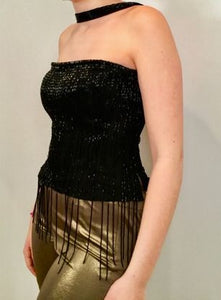 Vintage Chanel 00A, 2000 Fall Autumn Black Tassel Beaded Tube Camisole Top Blouse FR 40 US 4