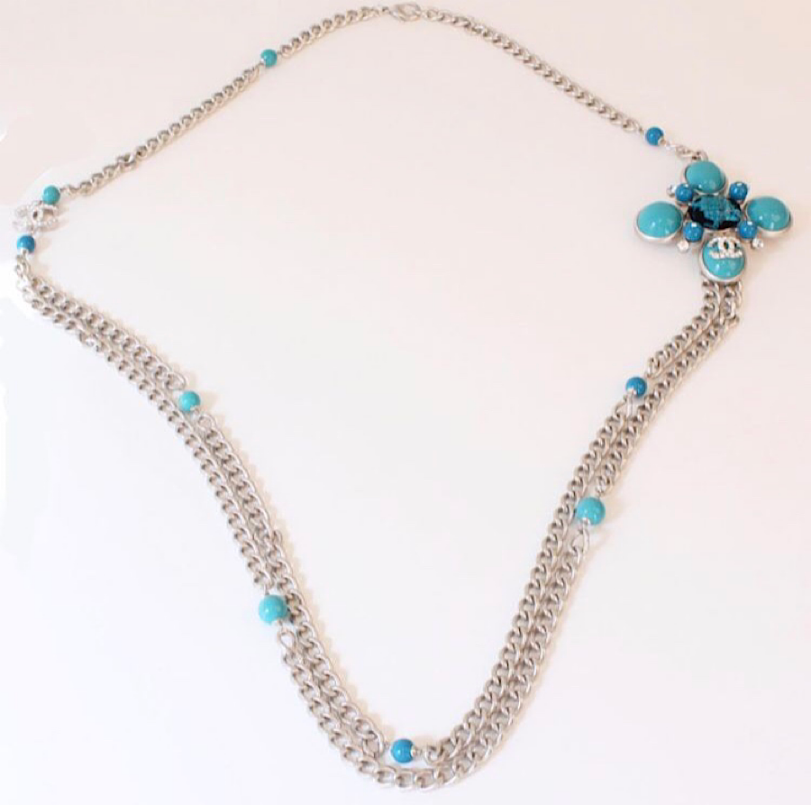Chanel 07A 2007 Fall Turquoise Multi-Strand Tweed Crystal CC Silver Metal Necklace/Belt/Pin/Brooch