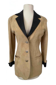 Vintage Chanel 98P 1998 Spring Suede and Lambskin Leather Beige/Dark Brown Trim Jacket FR 36