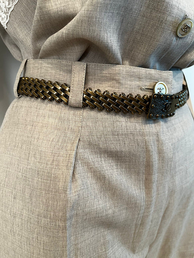 Gold Metal and Black Leather Oversized Interlocking CC Belt, 1997