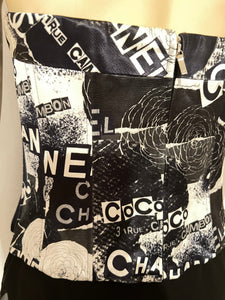 RARE Chanel Coco, 1 Rue Cambon 2020 Fall 20A Iconic Logos Graffiti Black/Blue/White Satin Corset Bustier Camisole FR 40 US 4/6