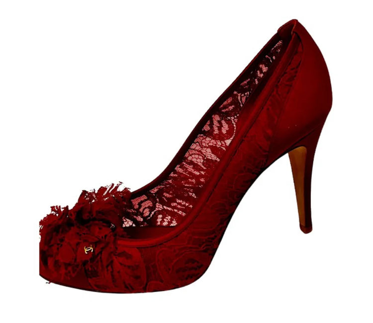 Chanel Light Red Lace Satin Heels