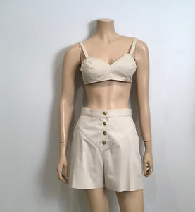 1980 Vintage Chanel Khaki Safari Shorts Cropped Bra Top Jacket Cotton Extremely Rare 3 Piece Set US 4/6