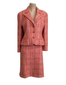 97P, 1997 Spring Vintage Chanel Boutique Orange Plaid Wool Tweed Jacket Blazer Skirt Suit Set US 8/10