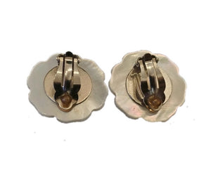 Vintage Chanel 98A Camellia flower clip on enamel mother of pearl Earrings