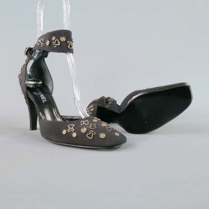 Vintage CHANEL Hook Snaps Black Ankle Strap Pumps EU 39.5