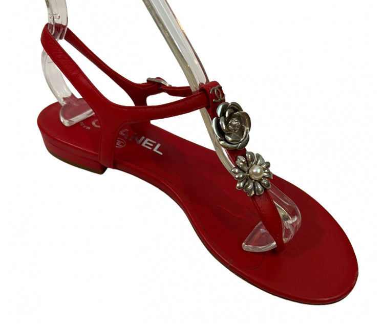 Chanel Chain-embellished Toe Ring Sandals Red Leather Size 37 Ankle Strap Flats