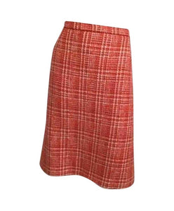 97P, 1997 Spring Vintage Chanel Boutique Orange Plaid Wool Tweed Jacket Blazer Skirt Suit Set US 8/10
