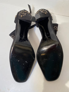 Vintage CHANEL Hook Snaps Black Ankle Strap Pumps EU 39.5
