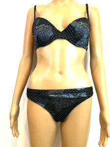 Chanel 17C 2017 Cruise Resort Paris-Cuba Blue Metallic and Black Bikini 2 Pc Swim Suit FR 38 US 4/6