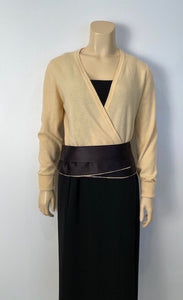 1980’s Chanel Vintage Light Yellow Black Bicolor Wrap Sweater w/satin ribbons US 4/6/8