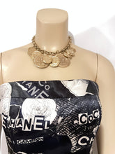 Load image into Gallery viewer, RARE Chanel Coco, 1 Rue Cambon 2020 Fall 20A Iconic Logos Graffiti Black/Blue/White Satin Corset Bustier Camisole FR 40 US 4/6