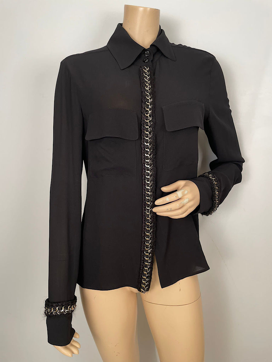 Chanel 11A, 2011 Fall Black Blouse Top W Chain Tweed Trim FR 42 US 8