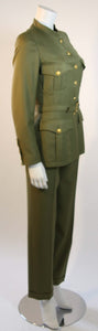 96A, 1996 Fall Vintage Chanel Rare Military Olive Green Belted Jacket Pant Suit Set FR 36