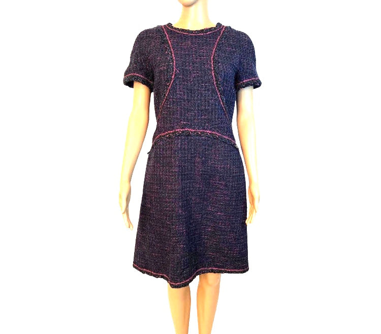 Chanel Navy Blue Black Pink Tweed Dress FR 40 US 6/8