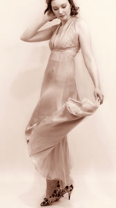 Frisky Chanel 2003 03P Spring Vintage Beige Sequin Halter Backless Long Chiffon Silk gown FR 38 US 4