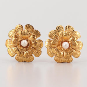 Chanel Gold Metal, Black Enamel, and Imitation Pearl Camellia Flower Bow Drop Earrings, 1993, Fashion | Clip-On Earrings, Vintage Jewelry (Very Good)