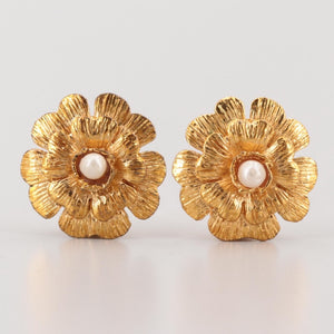1980’s Collection 23 Vintage Chanel Clip On Gold Pearl Camellia Earrings