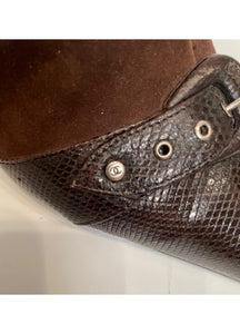 Chanel Dark Brown Kitten Heel Suede Lizard embossed Ankle Boots EU