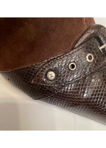 Chanel Dark Brown Kitten Heel Suede Lizard embossed Ankle Boots EU 37.5 US 7/7.5