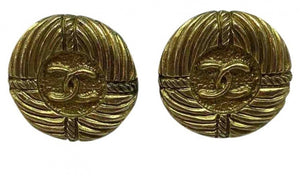 1980’s Rare! Chanel Vintage Round Anchor Gold Metal CC Logo Clip On Earrings