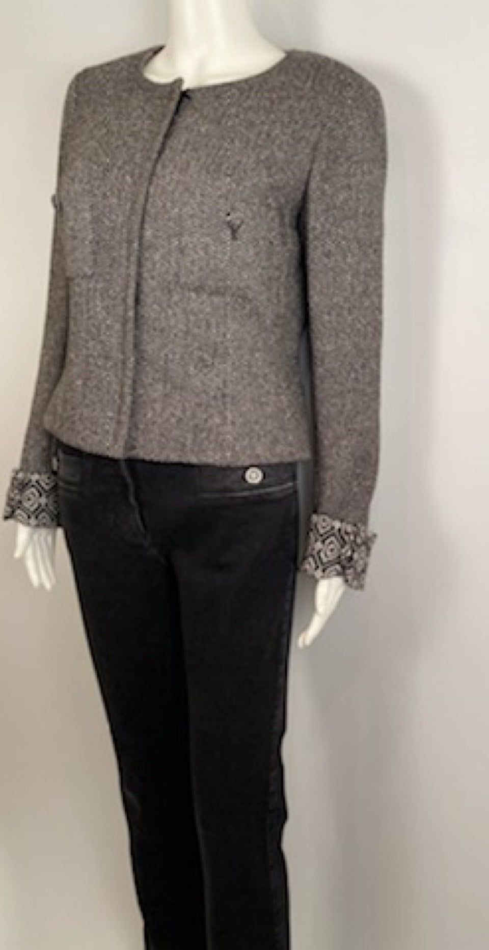 CHANEL blue and black cotton 2016 16P COLLARLESS TWEED Jacket 36 XS