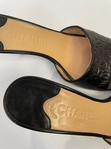 Chanel Black Leather Camellia Heel Slides EU 39 US 8.5 Wide