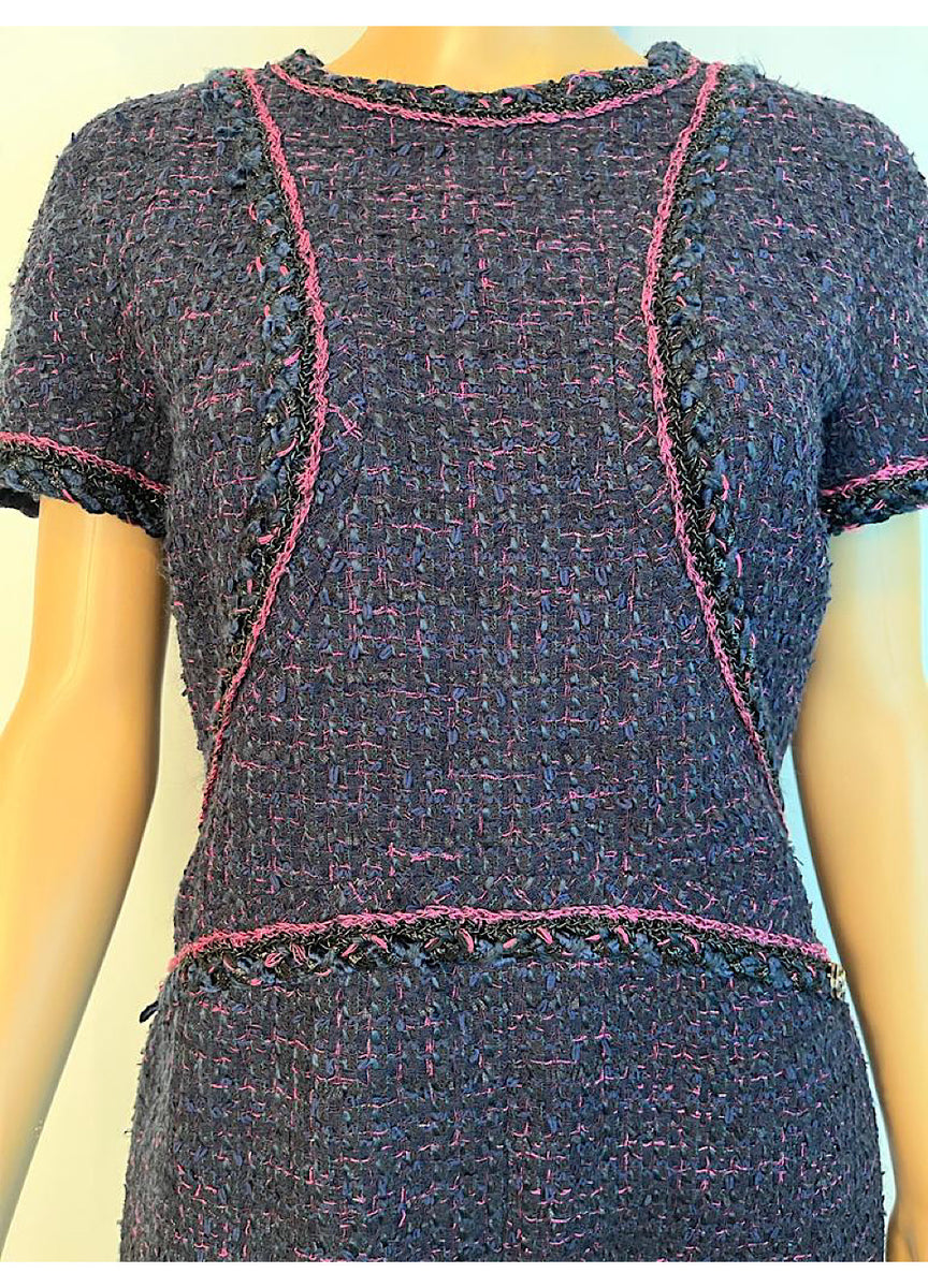 Chanel Navy Blue Black Pink Tweed Dress FR 40 US 6/8 – HelensChanel