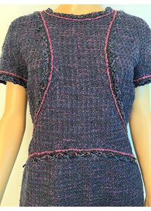 Chanel Navy Blue Black Pink Tweed Dress FR 40 US 6/8