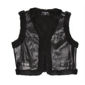 Chanel 05A 2005 Autumn Fall Leather Fur lined & Trimmed Cropped Short Vest FR 40 US 4/6/8