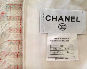 Chanel Vintage 04C 2004 Cruise Resort Ivory multicolor Pink Tweed Fringe Dress FR 42 US 6-8