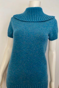 Chanel 07A 2007 Fall Short Sleeve Turquoise Pullover Turtleneck Sweater Top Blouse FR 40 US 6/8