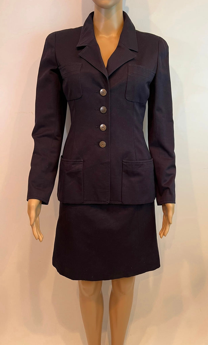 97C 1997 Cruise Chanel Vintage Dark Navy Fitted Skirt Jacket Suit Set FR 38  US 2/4