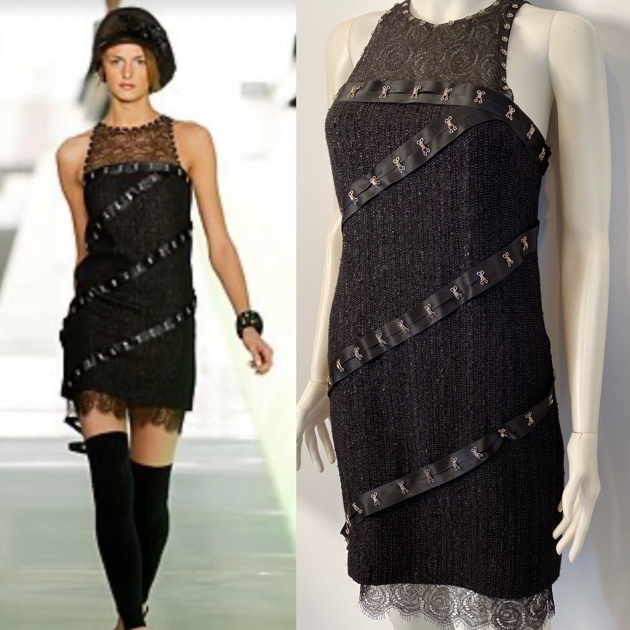 HelensChanel Chanel 2003 Fall 03A Snap Collection Black Tweed Boucle Satin with Camellia Lace Dress US 4