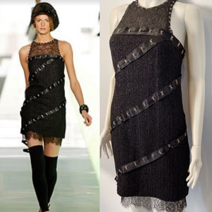 Chanel 2003 Fall 03A Snap Collection Black Tweed Boucle Satin with Camellia lace dress US 4