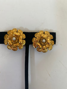 1980’s Collection 23 Vintage Chanel Clip On Gold Pearl Camellia Earrings