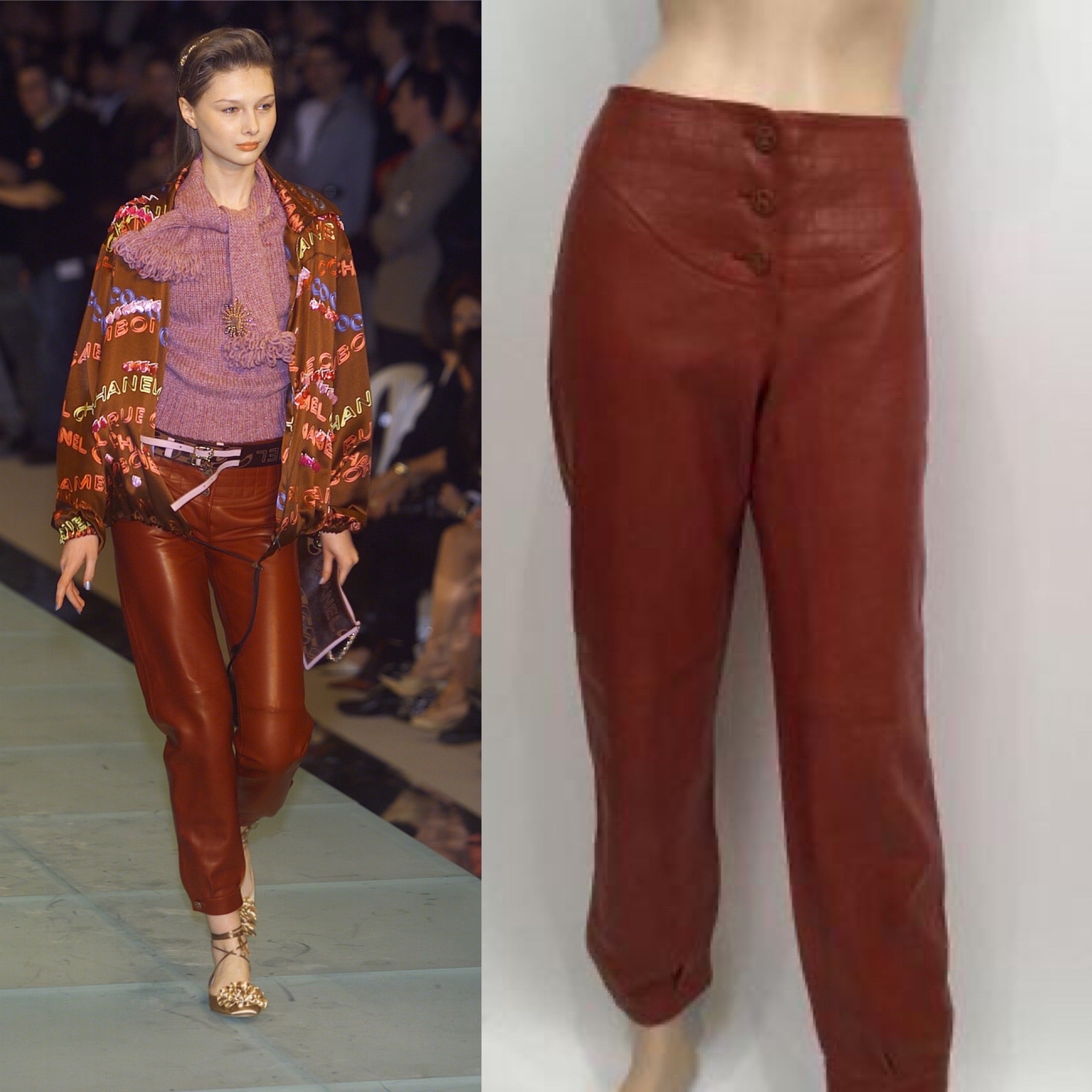 HelensChanel Nwt New with Tags Chanel 01A, 2001 Fall Autumn Vintage Leather Pants Leggings Rust Color FR 40 US 2/4/6