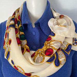 Large Vintage Chanel Jewel Multicolor Print Silk Scarf