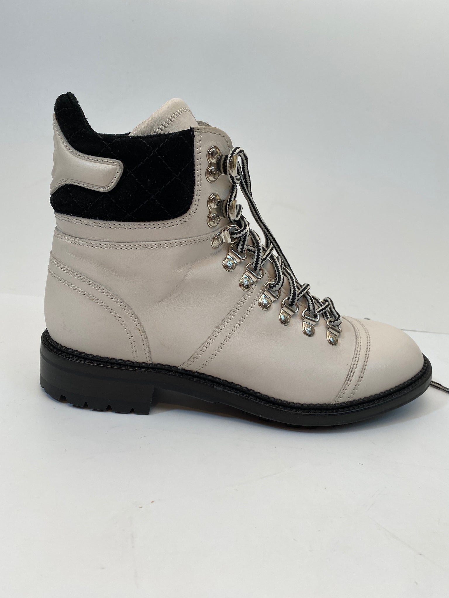 Chanel Beige & Black Leather Lace Up Tall Boots with CC Logo 37.5
