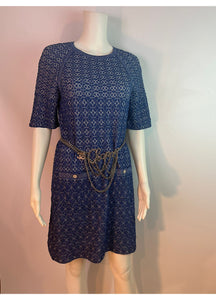 Chanel Blue White Silver Sparkle Geometric Stretch Dress FR 36 US 2/4/6