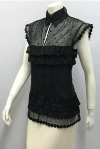 Chanel 04P 2004 Spring Black Sheer Lace Pearl Top Blouse lace, pearls,rufflesUS 6