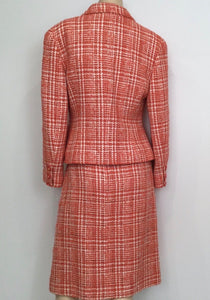 97P, 1997 Spring Vintage Chanel Boutique Orange Plaid Wool Tweed Jacket Blazer Skirt Suit Set US 8/10