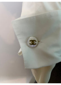 Chanel Vintage White Cotton Pleated Button Down Shirt Top Blouse Size 2
