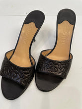 Load image into Gallery viewer, Chanel Black Leather Camellia Heel Slides EU 39 US 8.5 Wide
