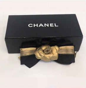 Chanel 12P, 2012 Spring Black Gold Camellia Flower Barrette Hair Accessory Clip
