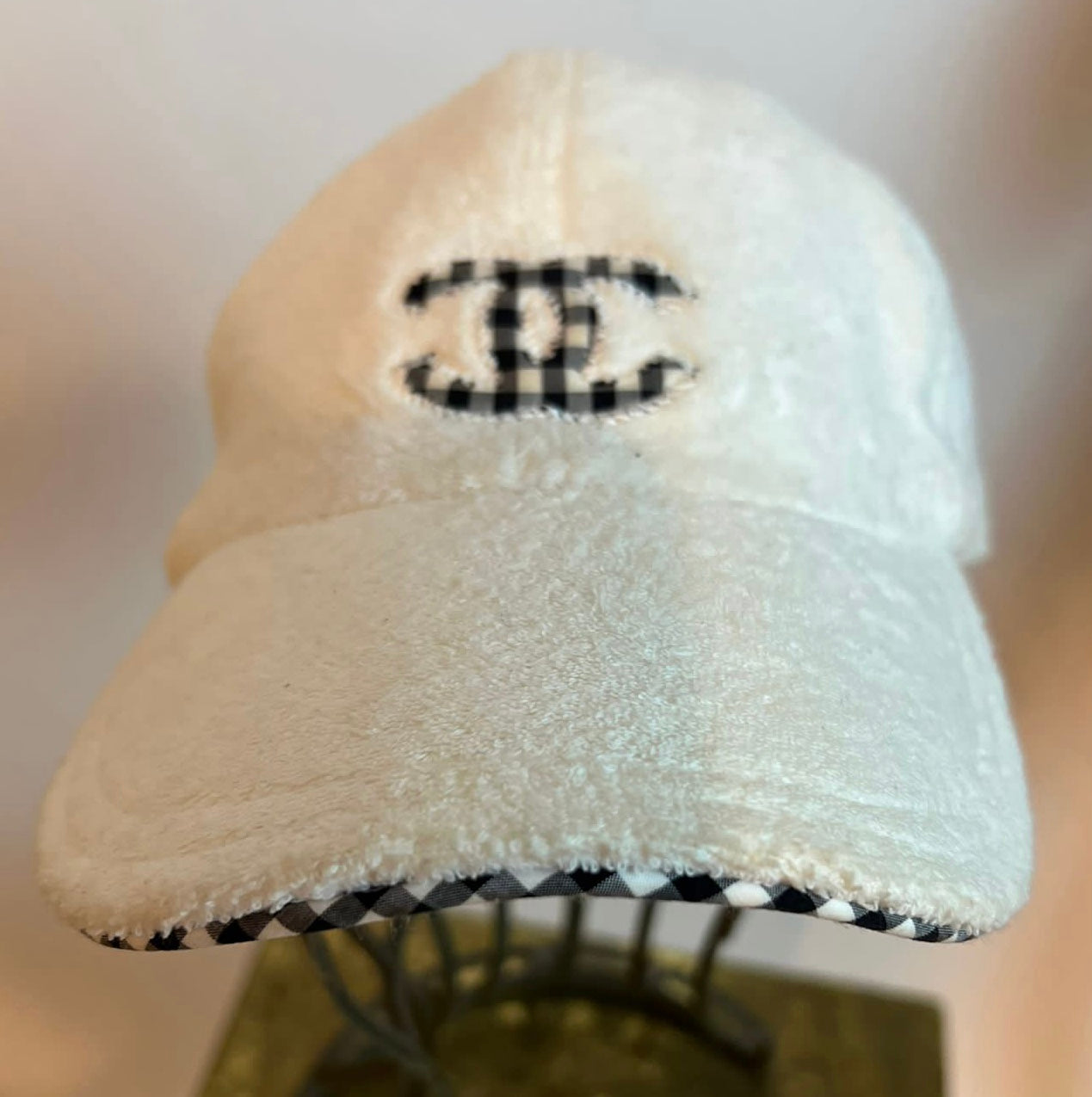 Chanel White CC Terry Cloth Cotton Baseball Cap Hat Size Medium