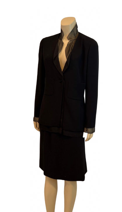 Vintage Chanel 98A Skirt Suit Black Chiffon-trimmed Wool Size 38