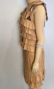 Vintage Chanel 01A, 2001 Fall Ruffle Beige Tan Leather Skirt Vest Dress Suit Set FR 36 US 4/6